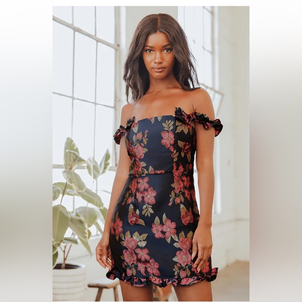 NEW Lulus Pop the Bottle Navy Blue Floral Jacquard Ruffled Mini Dress